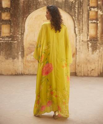 Yellow habutai printed floral inner with kaftan 2