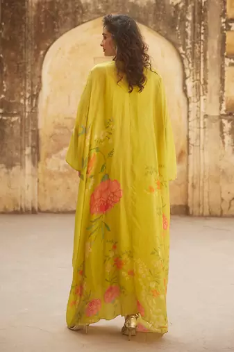 Yellow habutai printed floral inner with kaftan