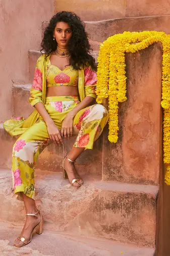 Lime yellow printed jacket set