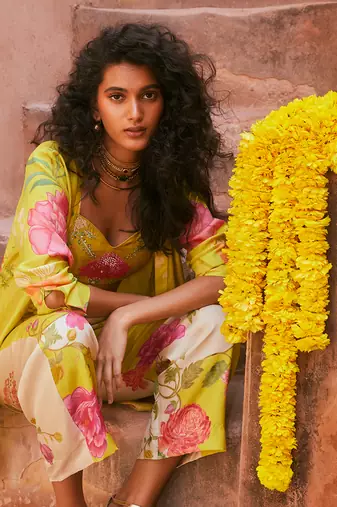 Lime yellow printed jacket set
