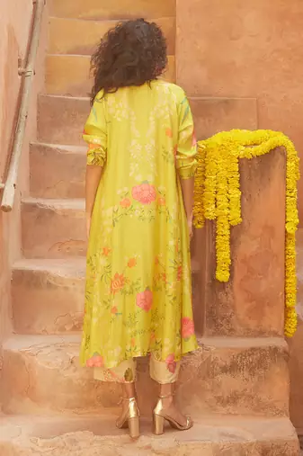 Lime yellow printed jacket set
