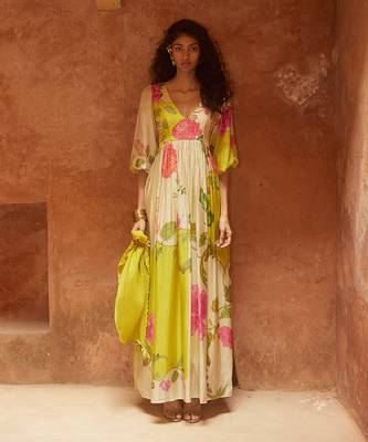 Lime yellow habutai floral printed maxi dress 1