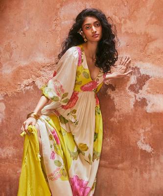 Lime yellow habutai floral printed maxi dress 2