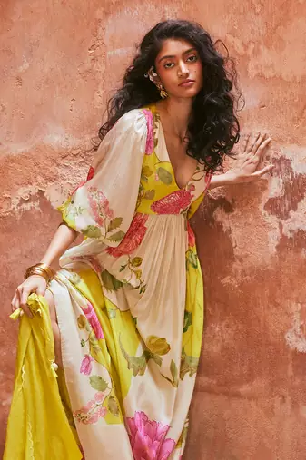 Lime yellow habutai floral printed maxi dress