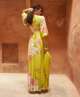 Lime yellow habutai floral printed maxi dress 3