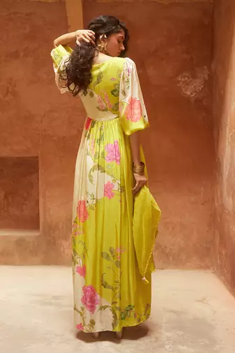 Lime yellow habutai floral printed maxi dress