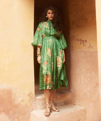 Green habutai printed floral band collar gathered dress 1