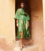 Green habutai printed floral band collar gathered dress