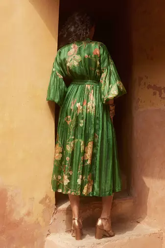 Green habutai printed floral band collar gathered dress