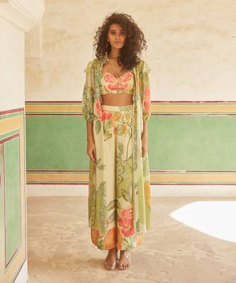 Green habutai printed floral jacket trouser set 1