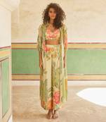 Green habutai printed floral jacket trouser set