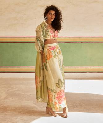 Green habutai printed floral jacket trouser set 2