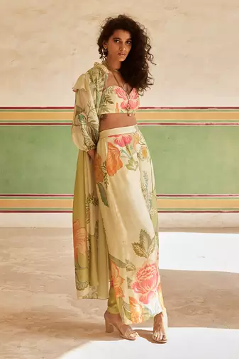 Green habutai printed floral jacket trouser set