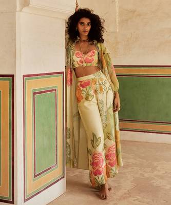 Green habutai printed floral jacket trouser set 3