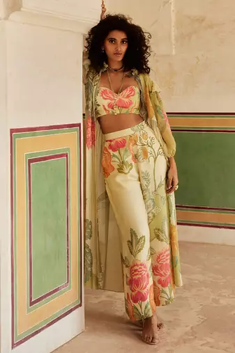 Green habutai printed floral jacket trouser set