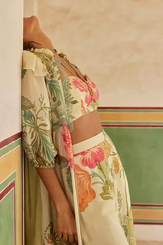 Green habutai printed floral jacket trouser set