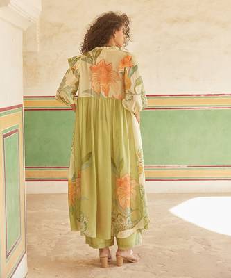 Green habutai printed floral jacket trouser set 5