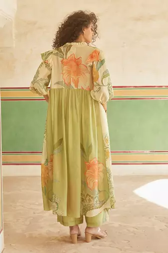 Green habutai printed floral jacket trouser set