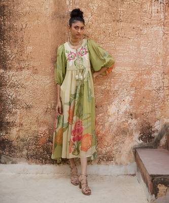 Green habutai printed floral dress 1