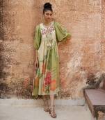 Green habutai printed floral dress