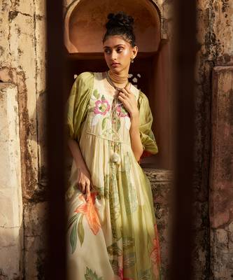 Green habutai printed floral dress 2
