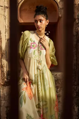 Green habutai printed floral dress