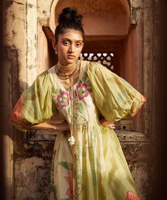 Green habutai printed floral dress 3