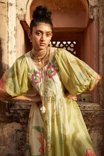Green habutai printed floral dress