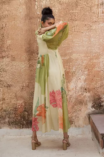 Green habutai printed floral dress