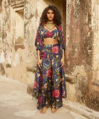 Blue jacket organza printed floral sweetheart trouser set 1