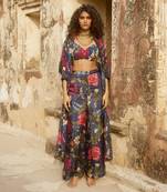 Blue jacket organza printed floral sweetheart trouser set