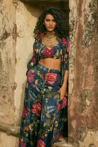 Blue jacket organza printed floral sweetheart trouser set