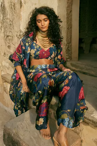 Blue jacket organza printed floral sweetheart trouser set