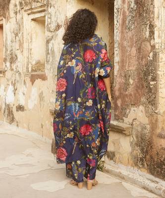 Blue jacket organza printed floral sweetheart trouser set 5