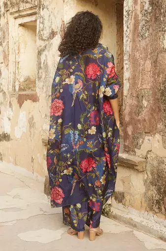Blue jacket organza printed floral sweetheart trouser set