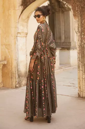 Black habutai printed kaftan with inner