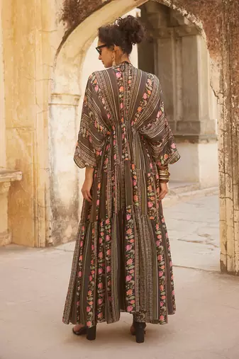 Black habutai printed kaftan with inner