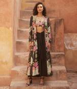 Black jacket and blouse habutai printed floral pattern skirt set