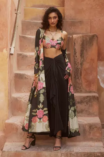 Black jacket and blouse habutai printed floral pattern skirt set