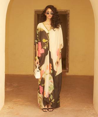Ivory and black habutai floral printed kaftan 1