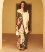 Ivory and black habutai floral printed kaftan