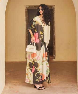 Ivory and black habutai floral printed kaftan 2