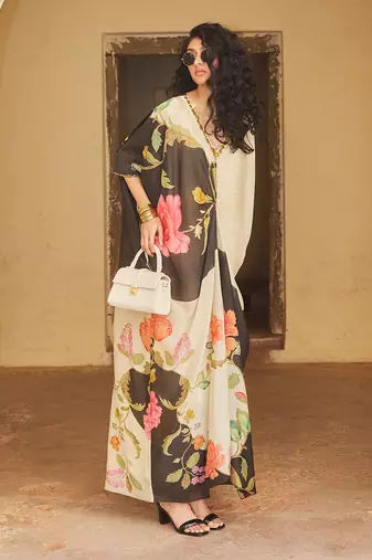 Ivory and black habutai floral printed kaftan