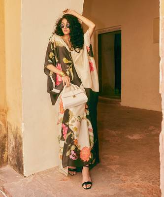 Ivory and black habutai floral printed kaftan 3