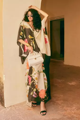 Ivory and black habutai floral printed kaftan