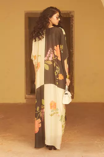 Ivory and black habutai floral printed kaftan