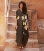 Black habutai printed floral kaftan with inner