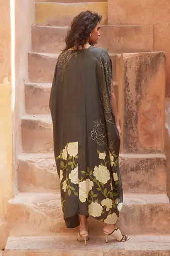 Black habutai printed floral kaftan with inner