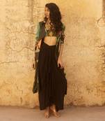 Black jacket and blouse habutai printed floral flower skirt set