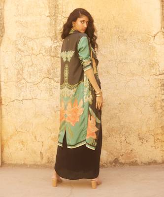 Black jacket and blouse habutai printed floral flower skirt set 2